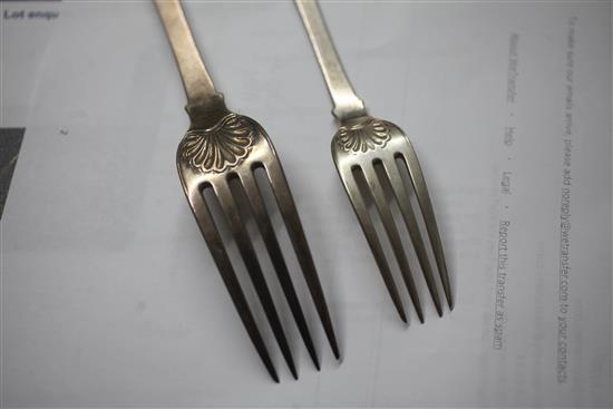 A part canteen of George III/George IV silver fiddle and shell pattern flatware by Josiah & George Piercy and George Piercy,